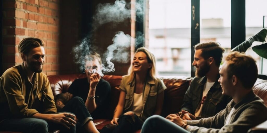 group of people sharing cannabis  relaxed